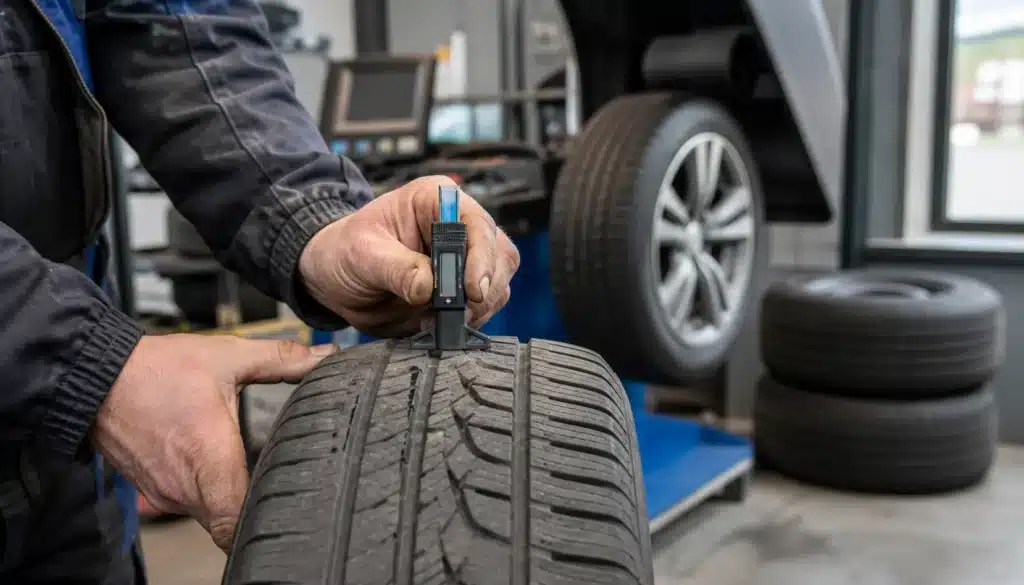 Mechanik mierzy głębokość bieżnika opony samochodowej