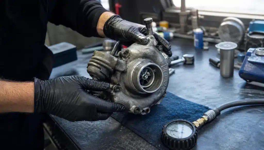 Mechanik sprawdza turbosprężarkę na stole warsztatowym