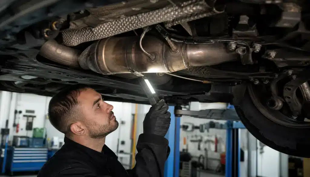 Mechanik sprawdza układ wydechowy i filtr DPF pod samochodem