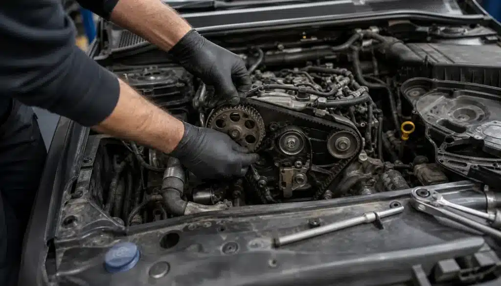 Mechanik wymienia pasek rozrządu w silniku samochodu